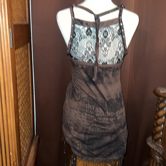 SALVAGE Brown Front Lace-up Mesh Back Dress Rhinestone Embellishments Large - Picture 4 of 10